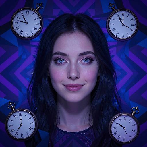 Photograph of a young woman with blue eyes, dark hair, and fair skin, centered against a blue patterned background with four clock faces surrounding her
