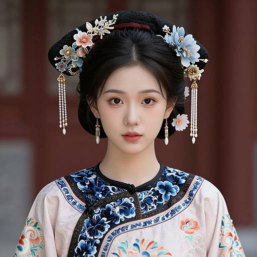 Photograph of a young Asian woman with pale skin, black hair in an ornate updo, wearing a traditional white and blue floral kimono,