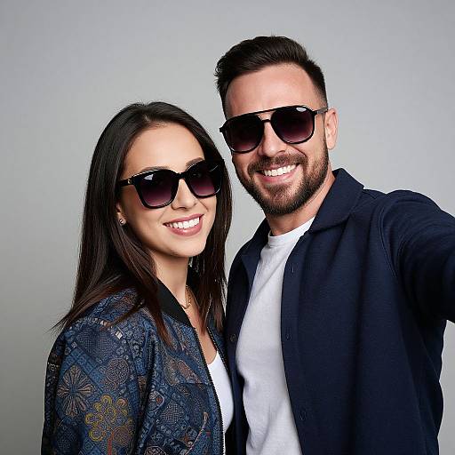 Photograph of a smiling couple with dark sunglasses, the woman in a patterned jacket and the man in a black shirt, against a plain gray background
