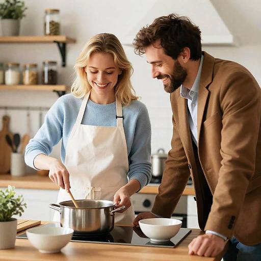 Warm Kitchen Scene with Smiling Chefs