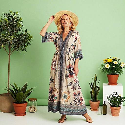 Joyful Middle-Aged Woman in Bohemian Maxi Dress with Plants