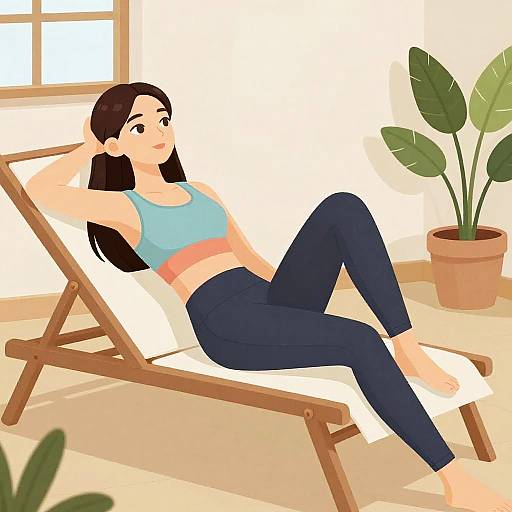 Digital illustration of a relaxed woman with long black hair, wearing a blue sports bra and dark pants, reclining on a wooden lounge chair in a sun
