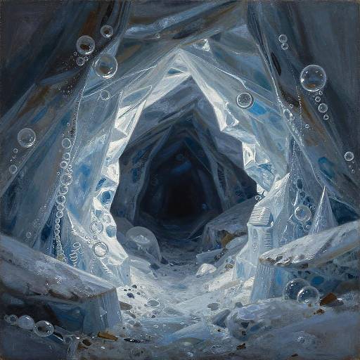 Photograph of an icy cave with crystalline structures, glowing blue and white light, and numerous floating water bubbles.