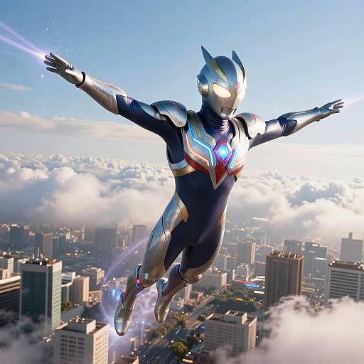 Futuristic Superhero Soaring Above City