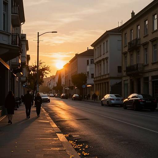 Photograph of a sunsetting urban street, with silhouetted pedestrians, cars, and buildings, casting long shadows, and a golden sky.