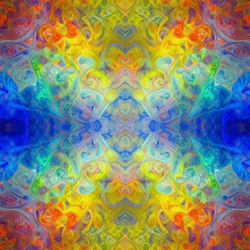 Vibrant, symmetrical digital art with swirling patterns in neon yellow, orange, red, blue, and green, creating a kaleidoscopic