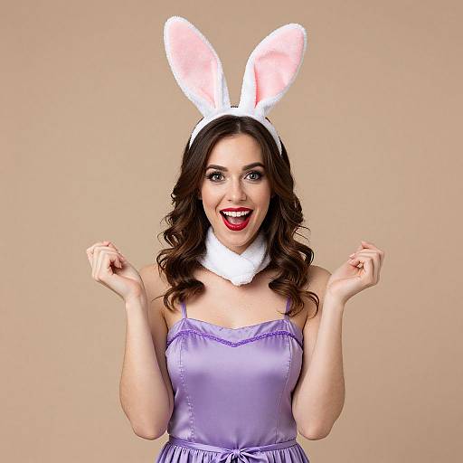 Photograph of a smiling woman with curly brown hair, wearing a white bunny ear headband, purple satin dress, and white neck scarf, against a