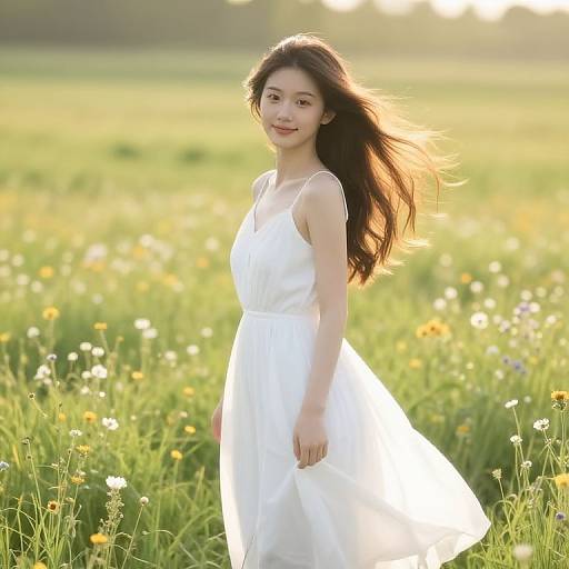 Young Asian woman with long brown hair in a white sundress, smiling in a sunlit meadow filled with wildflowers. Photographic image.