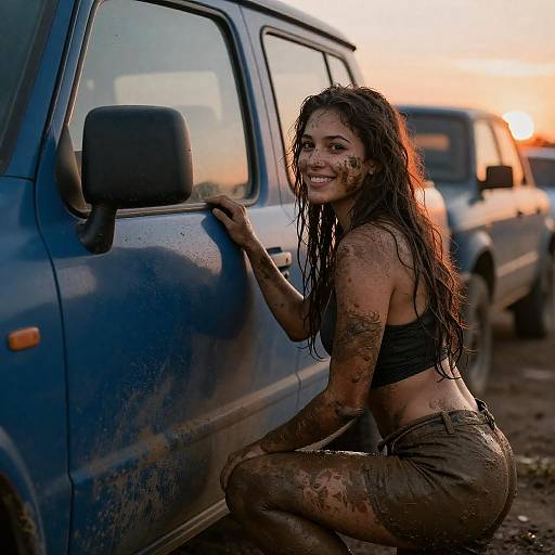 Muddy Woman Smiling by a Blue Truck