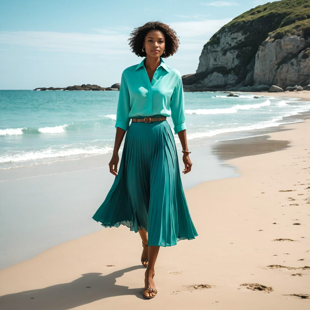 Elegant Woman in Teal at Beach