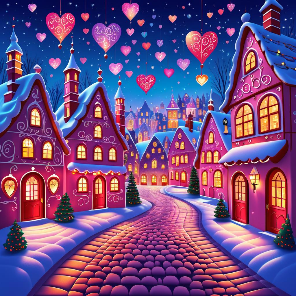 Whimsical Valentine's Day Village Illustration