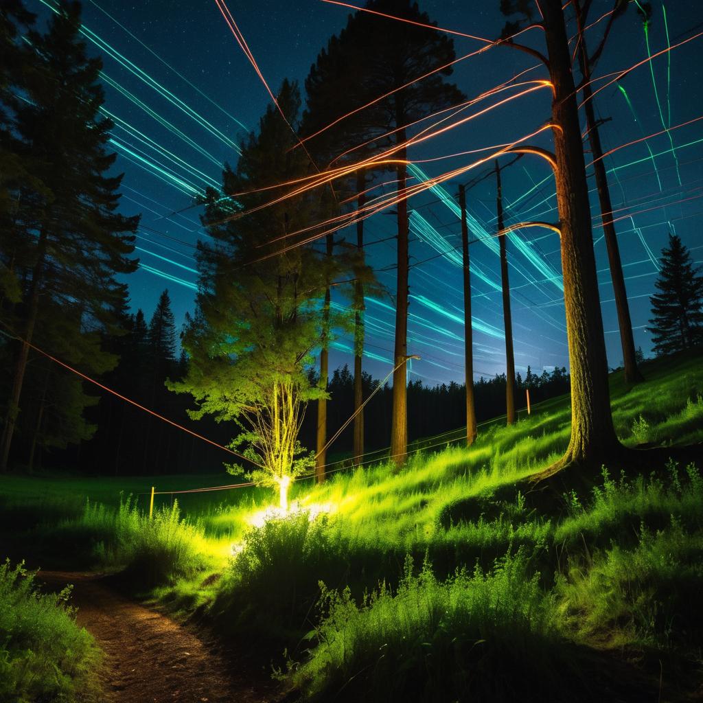 Enchanting Night Forest with Glowing Wires