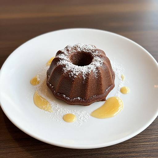 Photograph of a chocolate bundt cake dusted with powdered sugar, placed on a white plate with caramel sauce droplets on a dark wooden table.