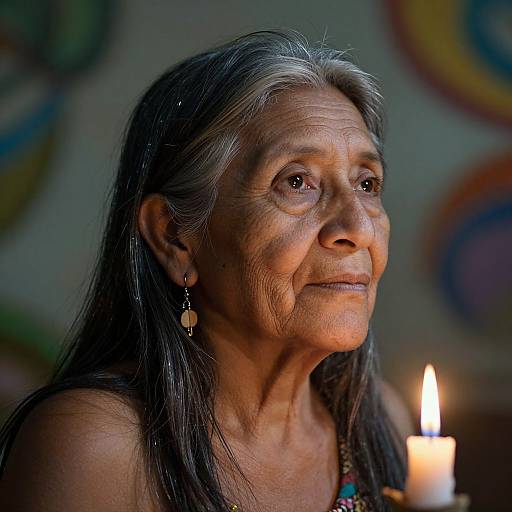 Photograph of an elderly Native American woman with long gray hair, wearing earrings, gazing thoughtfully at a lit candle. Soft, warm lighting highlights