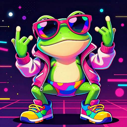 Vibrant digital illustration of a green frog in neon sunglasses, pink jacket, rainbow shorts, and colorful sneakers, flashing peace signs against a neon grid