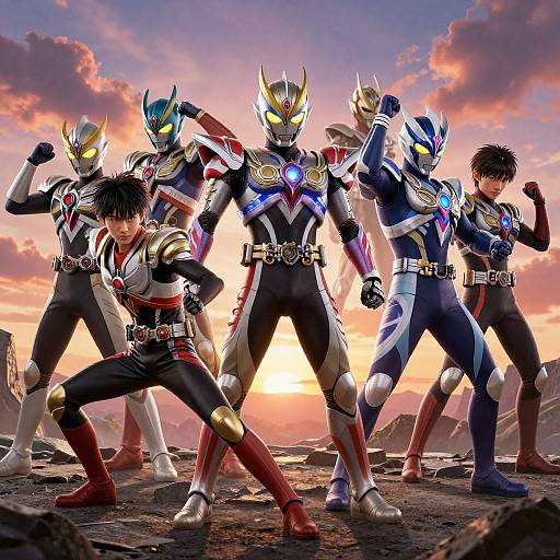 Digital illustration of six Kamen Rider superheroes in dynamic poses at sunset, wearing colorful, armored suits with glowing emblems.