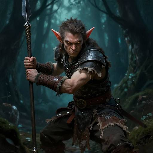 Digital artwork of a fierce, muscular orc warrior with pointed ears, dark fur armor, and intense expression, holding a spear in a misty, dark