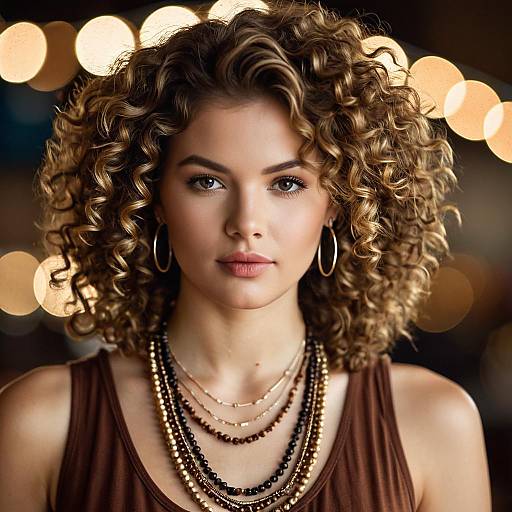 Portrait of young woman with curly hair and layered necklaces
