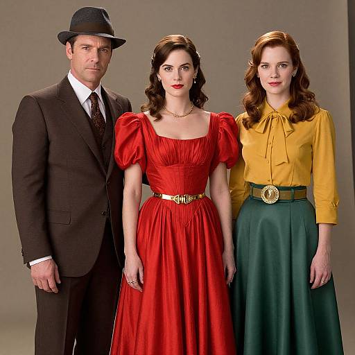 Photograph of three people in vintage 1940s attire: man in brown suit and hat, woman in red dress, woman in yellow blouse and