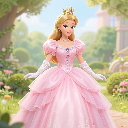 CGI image of a blonde princess with a golden crown, pink ball gown, white gloves, and blue gem necklace, standing in a sunny, blo