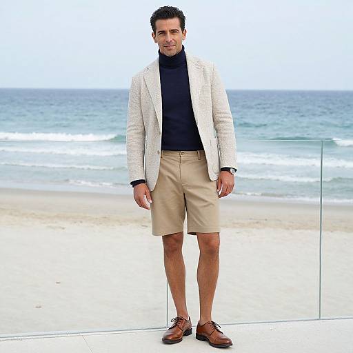 Photograph of a handsome man with short dark hair, wearing a white blazer, black turtleneck, beige shorts, and brown loafers,