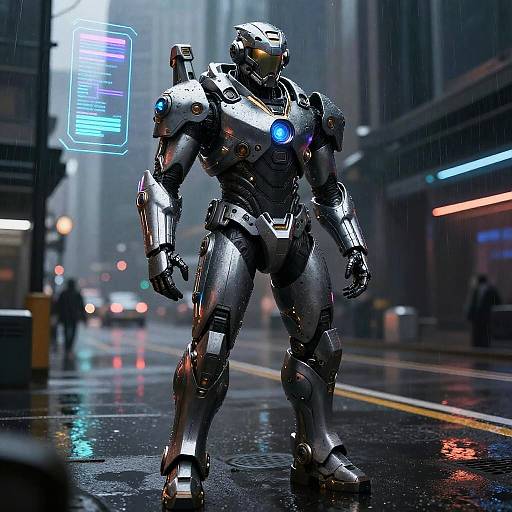Photorealistic CGI of a silver, glowing-blue-lit, humanoid robot standing on a rainy, neon-lit city street at night.