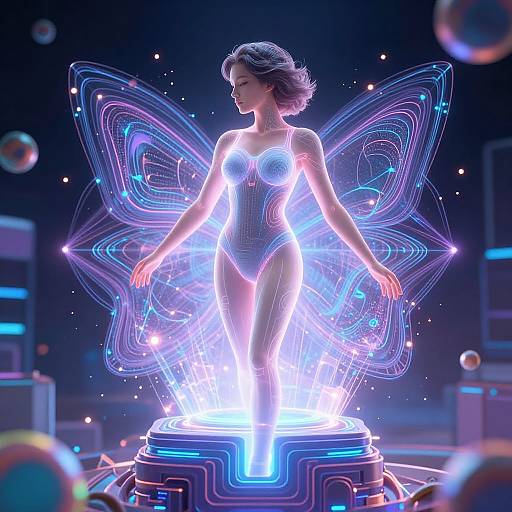 Digital CGI of a glowing, neon-lit fairy woman with translucent, butterfly wings, standing on a futuristic pedestal, surrounded by floating bubbles in a dark