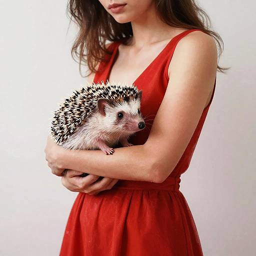 Woman in Red Dress Holding a Hedgehog