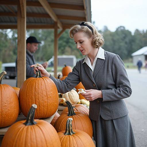 Photograph of a 1950s-style blonde woman in a gray tweed suit and white collar, selecting a pumpkin at an outdoor market. Background