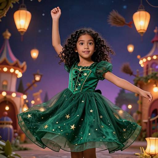 Photograph of a young girl with curly black hair, wearing a green, star-embellished dress, dancing in a magical, night-time castle