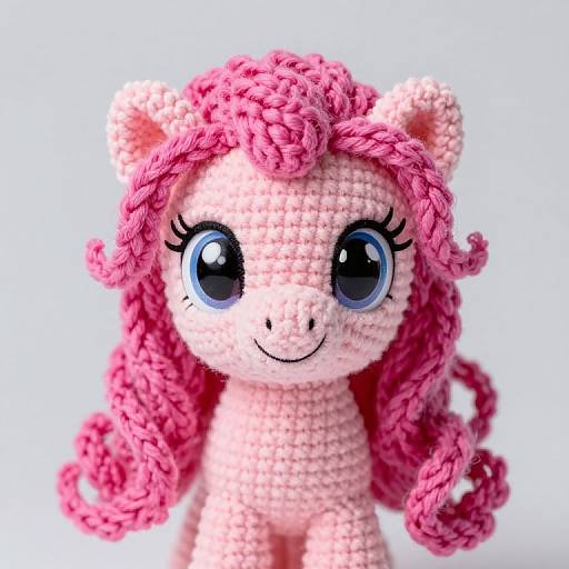 Photograph of a crocheted Pinkie Pie plushie with bright pink hair, large blue eyes, and a smiling face against a white background.