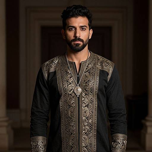 Photograph of a bearded man with dark hair, wearing an ornately embroidered black traditional Pakistani sherwani, standing in a dimly lit,