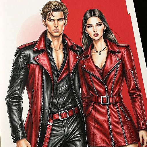 Digital illustration of a handsome, blonde, muscular man and a beautiful, dark-haired woman in matching black and red leather coats, standing against a red and