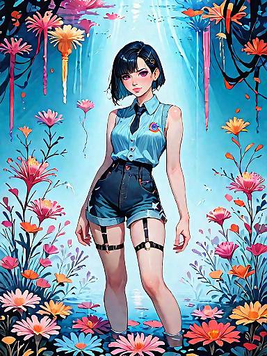 Anime Girl in Dark Fantasy Floral Nightscape