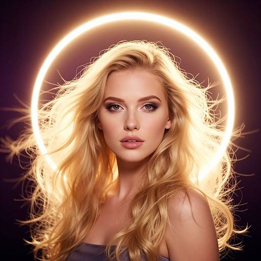 Photograph of a blonde woman with wavy hair, glowing halo effect, dark background, wearing a strapless top, intense gaze, illuminated.