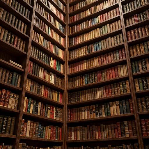Photograph of a large, wooden bookshelf corner filled with rows of colorful, leather-bound books, illuminated by soft, warm lighting.
