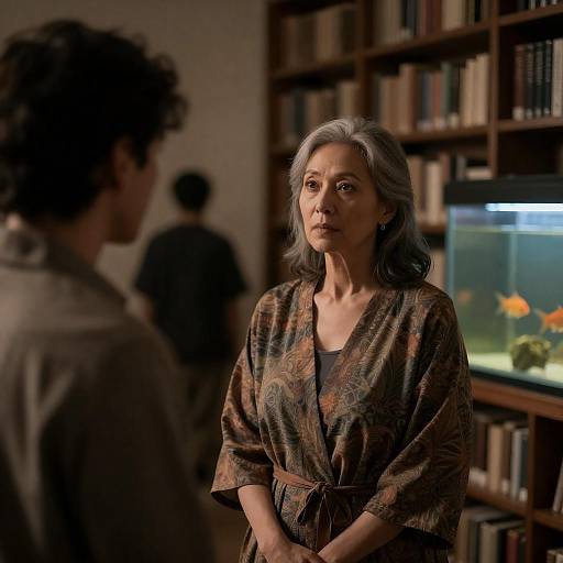 Mature Woman in Dimly Lit Library
