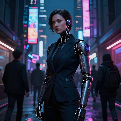 CGI image of a cyberpunk city street at night featuring a female android in a black suit, neon lights, and blurred pedestrians. She has short