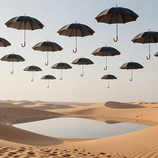 Floating Umbrellas Above Inverted Desert