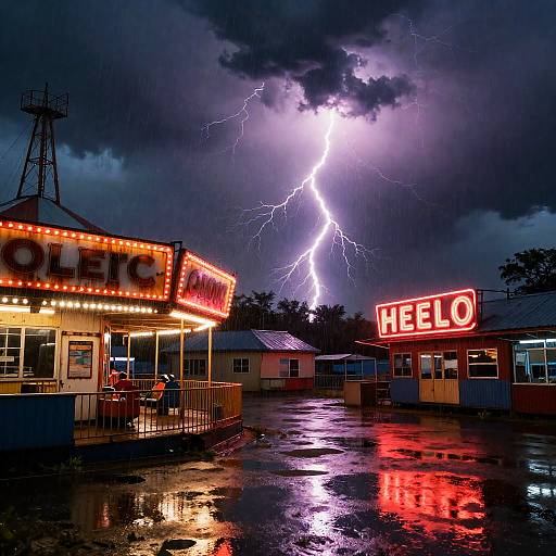 Neon Amusement Park in Thunderstorm