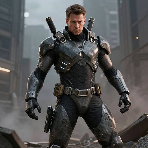 Photograph-style CGI of a muscular, serious-looking man in black, high-tech armored suit with shoulder guns, standing in a ruined, misty city
