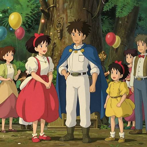 Anime-style illustration of a family with five children, one in a blue cape, standing in a forest holding colorful balloons.