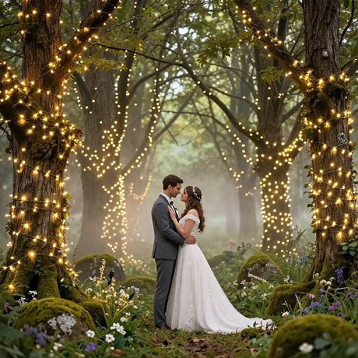 Photograph of a romantic forest scene with a bride and groom kissing, surrounded by glowing string lights, moss-covered trees, and wildflowers.