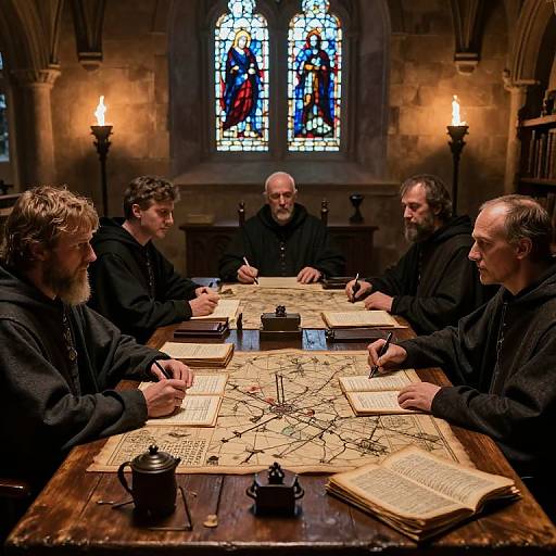 Photograph of five bearded men in black robes, seated around a wooden table with maps and parchment, in a dimly lit, stone-walled