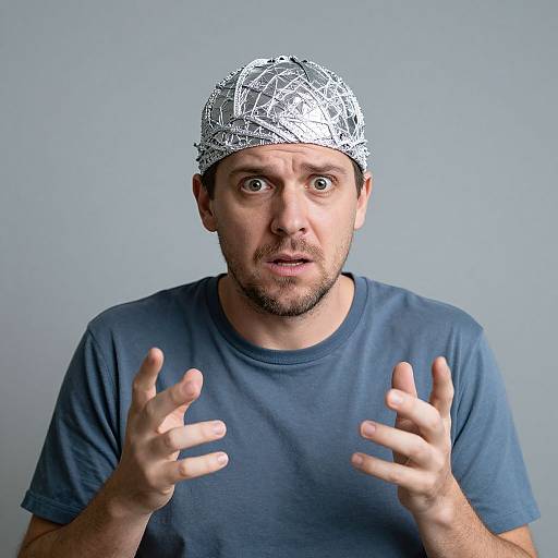 Photograph of a surprised man with a patterned silver bandana, blue shirt, and raised hands against a plain gray background.