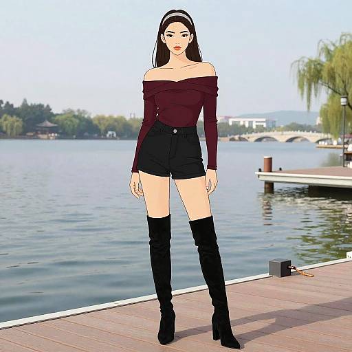 Stylish Woman by Lake in Graphic Novel Style