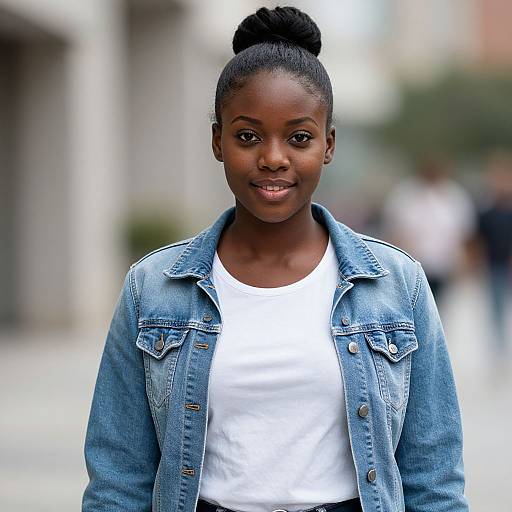 Photograph of a young Black woman with dark skin, wearing a white top and blue denim jacket, hair in a high bun, standing outdoors with a