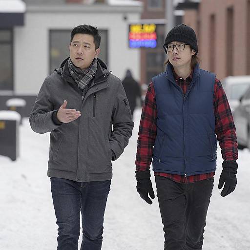 Two men walking on snowy city street