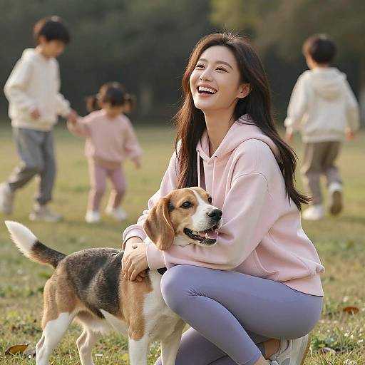 Happy Woman Hugging Beagle in Park