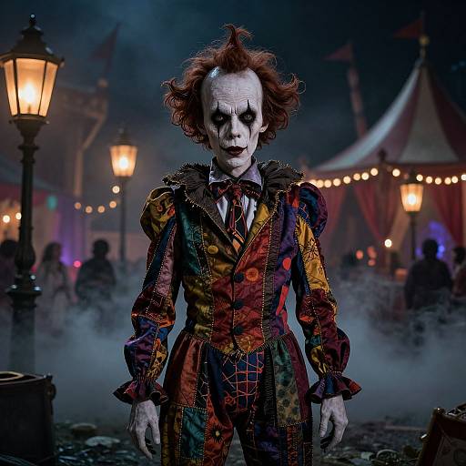 Photorealistic CGI of a creepy clown with white face paint, colorful patchwork suit, and wild red hair, standing in a foggy, lantern